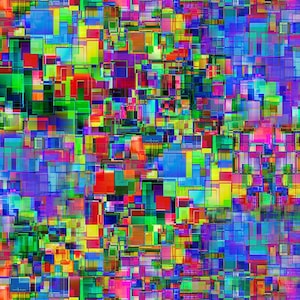 May include: Abstract digital art with a vibrant mosaic of colorful squares and rectangles. The artwork features a dynamic composition of red, blue, green, yellow, and purple hues, creating a visually stimulating and modern design.