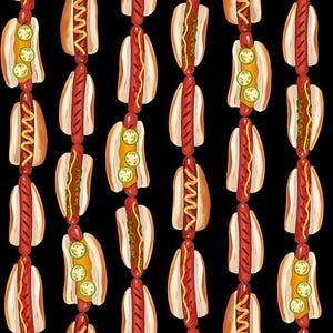 Grill Master, Blank Quilting -- Hot Dog Stripe -- summer picnic fabric, barbecue quilt fabric, hot dogs in buns, 100% cotton BTY