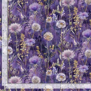 May include: A fabric featuring a watercolor-style print of purple and white wildflowers and dandelion seed heads on a deep purple background. A white ruler along the left and bottom edges shows measurements in inches up to 11 inches.