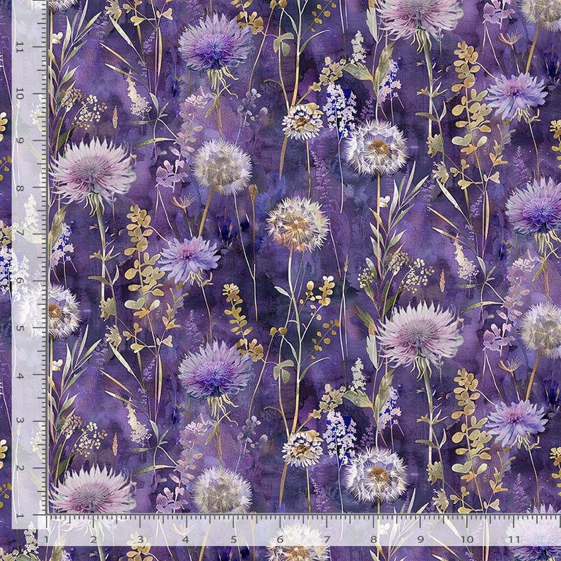 May include: A fabric featuring a watercolor-style print of purple and white wildflowers and dandelion seed heads on a deep purple background. A white ruler along the left and bottom edges shows measurements in inches up to 11 inches.