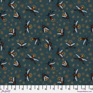 May include: A teal blue fabric with a repeating pattern of stylized fireflies with glowing yellow bodies and dark wings. The fireflies are scattered across the fabric with a subtle starburst pattern in the background.