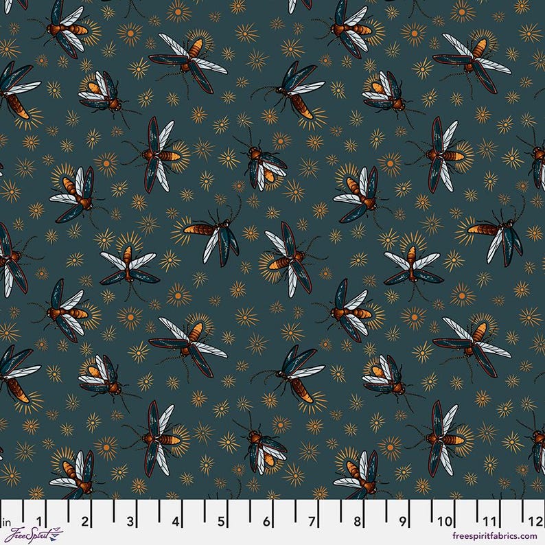 May include: A teal blue fabric with a repeating pattern of stylized fireflies with glowing yellow bodies and dark wings. The fireflies are scattered across the fabric with a subtle starburst pattern in the background.