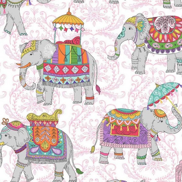 Royal Elephants--Elephant Cavalcade-- by Michael Miller, indian elephant fabric, circus elephants,  100% cotton by the yard