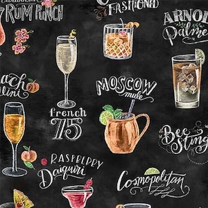 Glückliche Stunde -- Happy Hour Menu -- von Michael Miller, Cocktails Quilt Stoff, Rum Punch Stoff, 100% Baumwolle BTY