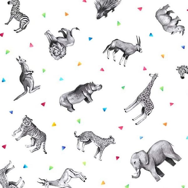 Tissu animaux de la jungle - Noir, Blanc et Brillant AllOver - Wonders of Safari - Michael Miller, tissu courtepointe pour bébé, animaux africains, 100% coton