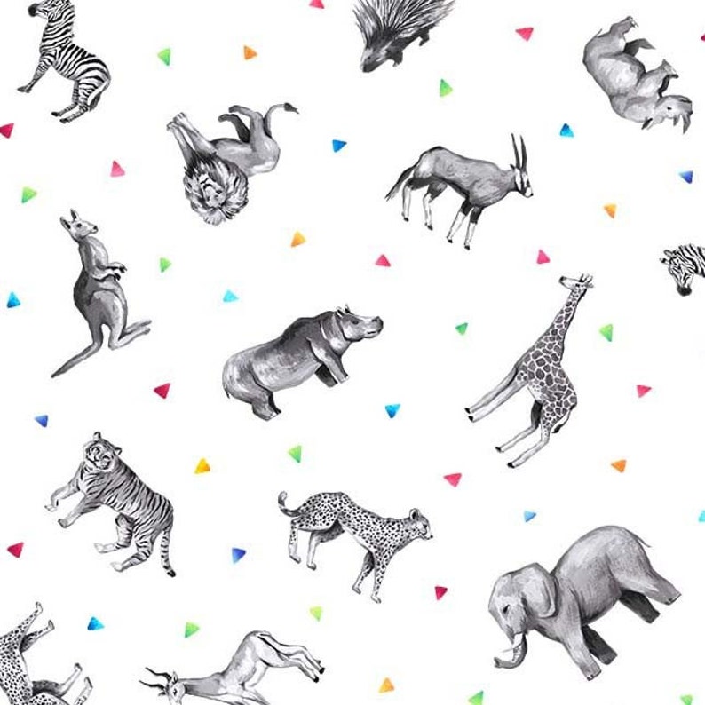 Tissu avec des animaux d'Afrique Noir, blanc et vif sur l'ensemble Safari Park Michael Miller, girafes, lions, éléphants, 100 % coton BTY image 8