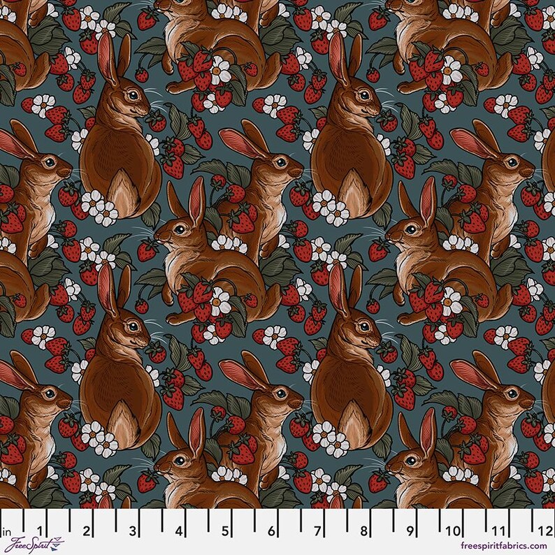 May include: A teal blue fabric with a repeating pattern of brown rabbits and red strawberries. The rabbits are depicted in a stylized, almost cartoon-like manner, with large ears and fluffy tails. The strawberries are scattered throughout the fabric, some with leaves and some without.