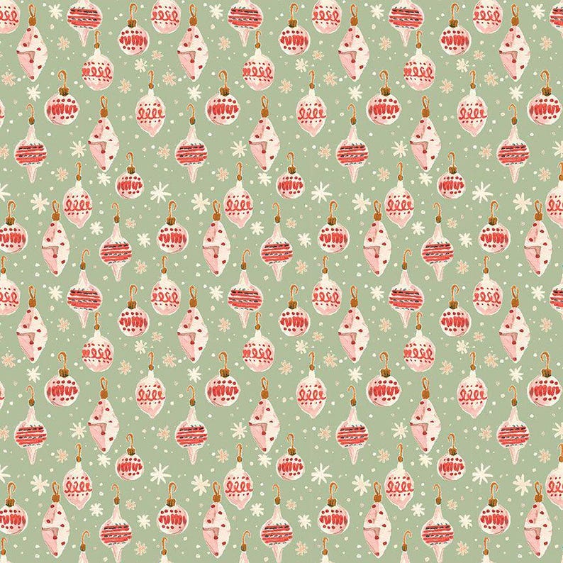 May include: A repeating pattern of Christmas ornaments in shades of pink and red on a light green background. The ornaments vary in shape and design, with some featuring stripes and dots. Small white snowflakes are scattered throughout the design.