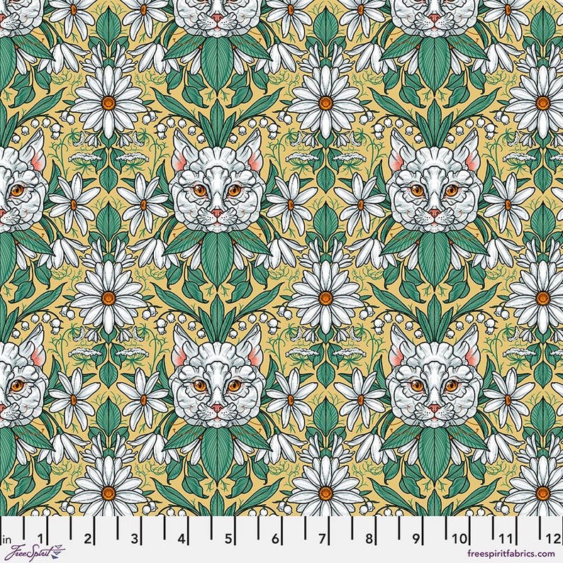 May include: A seamless pattern featuring white cats with green eyes, surrounded by white daisies and green leaves on a yellow background.