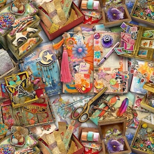 May include: A collage of colourful journals, boxes, and other craft supplies. The journals are decorated with various embellishments, including butterflies, feathers, and flowers. The boxes are made of wood and metal and are decorated with vintage-inspired designs. The supplies include scissors, pens, and ribbons. The overall theme is vintage and whimsical.