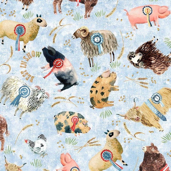 Farm animals fabric, Prize animals--Town Fair by Michael Miller, first prize farm animals, pigs, sheep, highland cows, chickens, 100% cotton