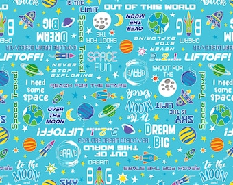 Outer space fabric, GLOW in the DARK, Lift Off-- Kanvas Studio, solar system fabric, space adventure fabric, rocket fabric, 100% cotton