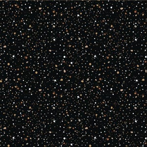 May include: A black background with a scattered pattern of small white and brown dots.