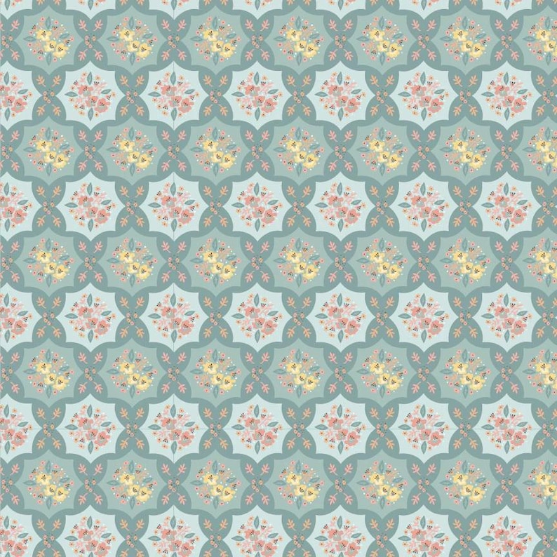 May include: A seamless pattern featuring a repeating design of stylized floral bouquets in shades of pink, yellow, and green. The bouquets are arranged in a geometric pattern on a light blue background.