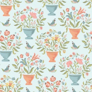 May include: A seamless pattern featuring a repeating design of floral arrangements in blue and orange pots with birds on a light blue background.