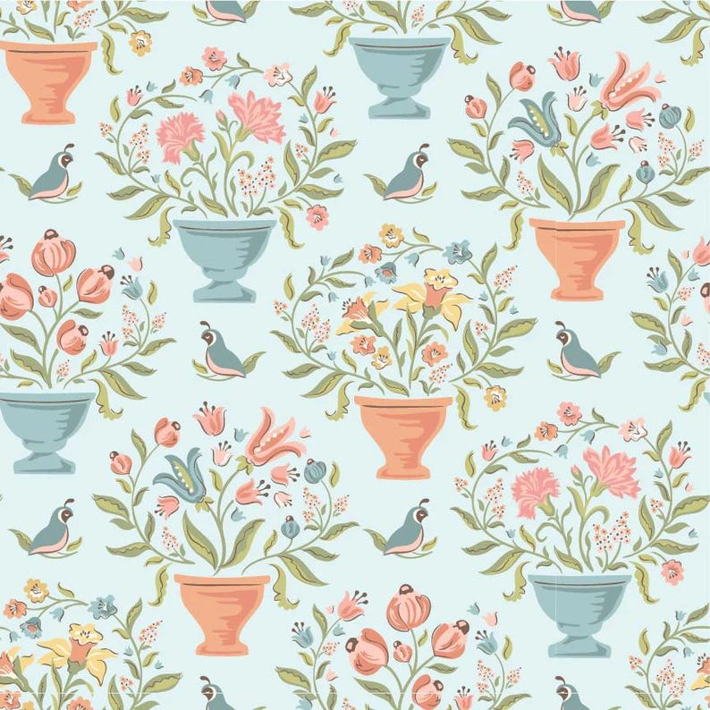 May include: A seamless pattern featuring a repeating design of floral arrangements in blue and orange pots with birds on a light blue background.