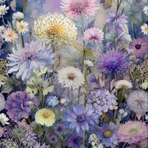 May include: A vibrant floral pattern featuring a dense arrangement of chrysanthemums, dandelions, and various wildflowers in shades of purple, lavender, blue, white, and pale yellow. The design displays a watercolor aesthetic with soft blending.