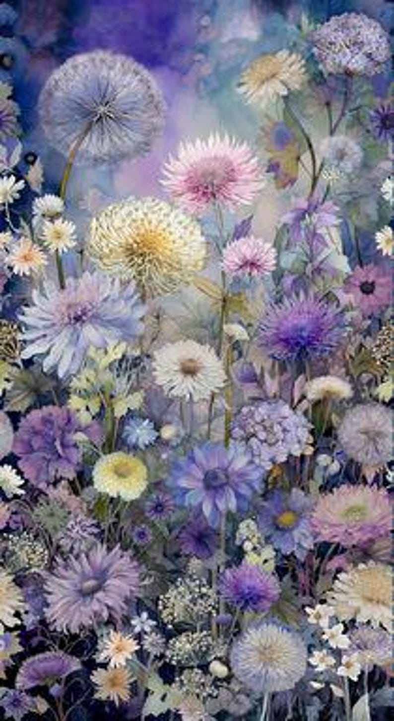 May include: A vibrant floral pattern featuring a dense arrangement of chrysanthemums, dandelions, and various wildflowers in shades of purple, lavender, blue, white, and pale yellow. The design displays a watercolor aesthetic with soft blending.