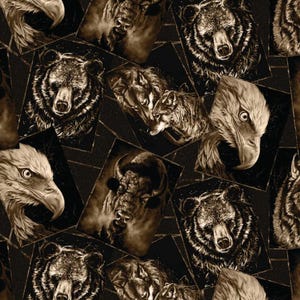 Strokes of the Wild -- Spirit Animal Postcard marrone -- Tessuti Camelot, tessuto con animali selvatici, aquile calve, bisonti, lupi, orsi, 100% cotone