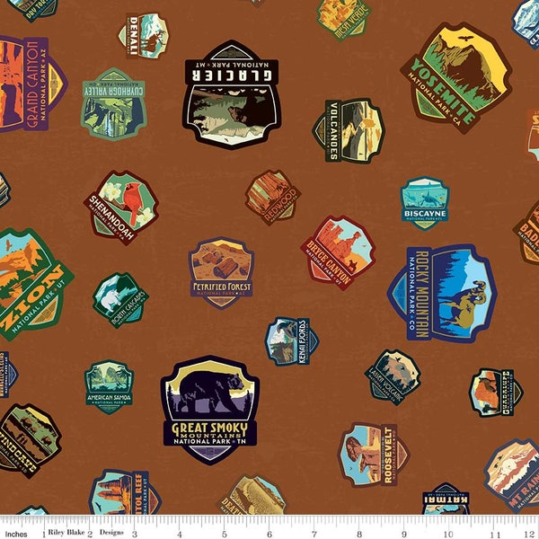 US National Parks fabric--Riley Blake, patches in Lt brown-- US quilt fabric, destinations travel fabric, 100% cotton quilting fabric