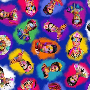 May include: A vibrant pattern featuring multiple portraits of Frida Kahlo, each set against a colorful, abstract background. The portraits showcase her iconic unibrow, floral headpieces, and distinctive style, set on a deep blue backdrop.