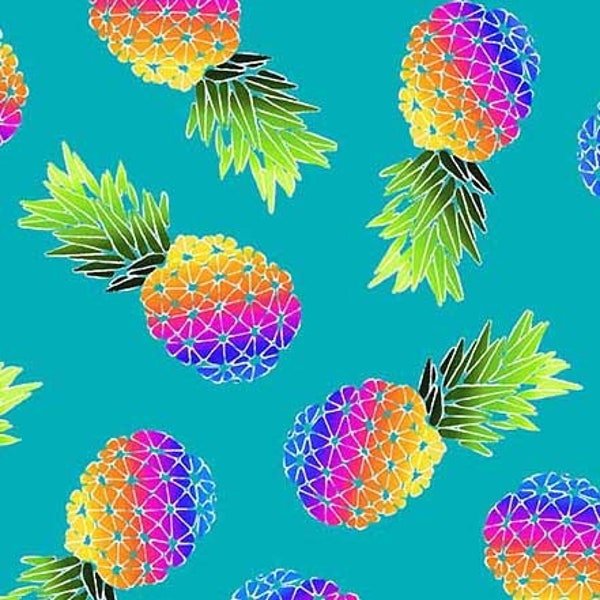 Party Pineapples in blue--Let's get Tropical by Michael Miller, pineapple fabric, tropical fruit fabric, 100% cotton by the yard
