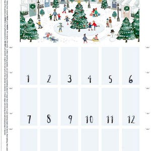 May include: Advent calendar with a winter village scene. The illustration depicts a snowy town square with people, a Christmas tree, and buildings. The calendar has 24 numbered pockets for treats.