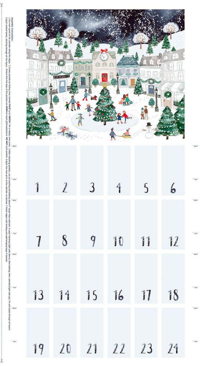 May include: Advent calendar with a winter village scene. The illustration depicts a snowy town square with people, a Christmas tree, and buildings. The calendar has 24 numbered pockets for treats.