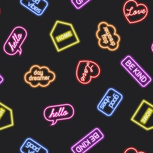 Be kind fabric, Positive sayings fabric, GLOW in the DARK neon signs, Lewis & Irene, Small Things Glow, 100% cotton quilting fabric