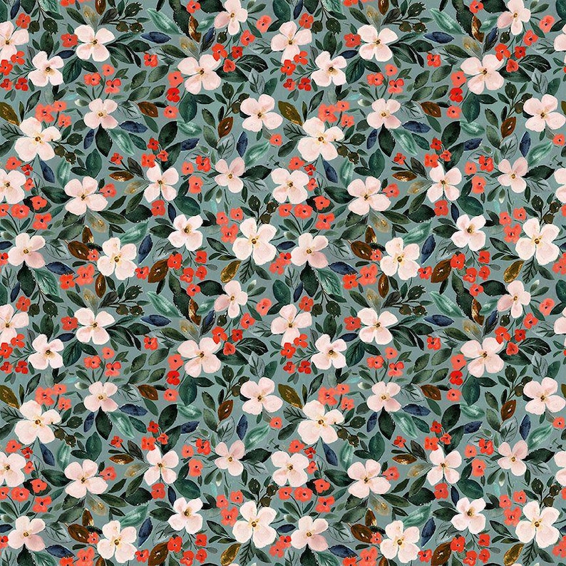 May include: A repeating floral pattern featuring white flowers with pink accents, small red berries, and green leaves on a teal background. The design has a watercolor effect, creating a soft and natural aesthetic. This pattern is suitable for fabric or wallpaper.
