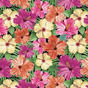 May include: A vibrant floral pattern featuring pink, yellow, orange, and red hibiscus flowers on a black background. The flowers are arranged in a random pattern and are surrounded by green leaves.