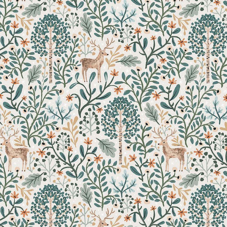 May include: A repeating pattern featuring a woodland scene with deer, trees, and foliage in shades of green, brown, and orange on a cream background. The design includes stylized trees, leaves, and flowers, creating a nature-inspired aesthetic.