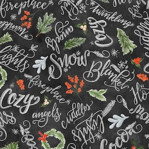 Gemütliche Weihnachten - Merry Little Christmas - Michael Miller, Urlaub Kreide Worte Stoff, Gemütlichkeit, Schnee, Decke, Kamin, 100% Baumwolle BTY