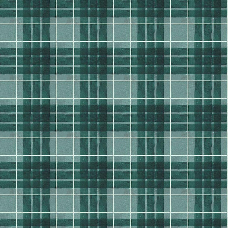 May include: A watercolor-style plaid pattern in shades of teal and dark green, with a grid of thin white lines. The design features a classic tartan arrangement, suitable for fabric or paper goods.