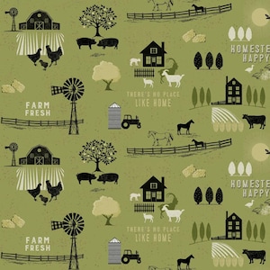 Homesteading - Homesteading Toile - Clothworks - farmyard scene quilt fabric, barn, windmills, homestead happy, 100% cotton by the yard
