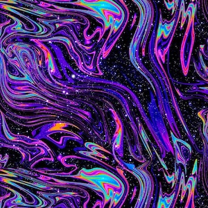 Könnte beinhalten: Abstrakte digitale Kunst mit einem wirbelnden, psychedelischen Design. Das Bild zeigt fließende Linien in Lila, Blau, Grün und Orange vor einem schwarzen Hintergrund mit verstreuten weißen Punkten, die einen kosmischen Effekt erzeugen. Das Kunstwerk hat ein flüssiges, marmoriertes Aussehen.