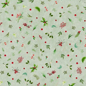 May include: A seamless pattern featuring a light green background with scattered watercolor illustrations of holly, berries, and sprigs. The design includes red berries, green leaves, and various types of foliage, creating a festive, holiday-themed aesthetic.