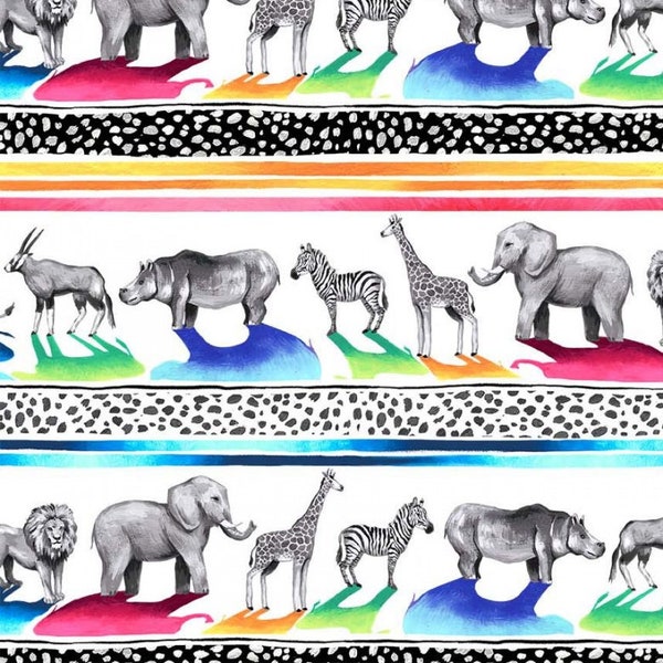 Tissu Animaux d'Afrique - Noir, blanc et couleurs vives - Parade d'animaux - Michael Miller, tissu pour courtepointe pour bébés, rayures d'animaux, 100 % coton