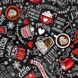 Delizie gelide, bevande invernali al cioccolato caldo - Tesori senza tempo, tessuto trapuntato per le vacanze, tessuto invernale, tessuto alimentare natalizio, cotone