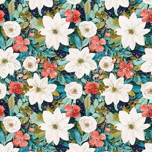 May include: A floral pattern featuring white poinsettias, red flowers, and white roses against a dark teal background. The design includes teal and green leaves with gold accents, creating a vibrant and detailed botanical illustration.