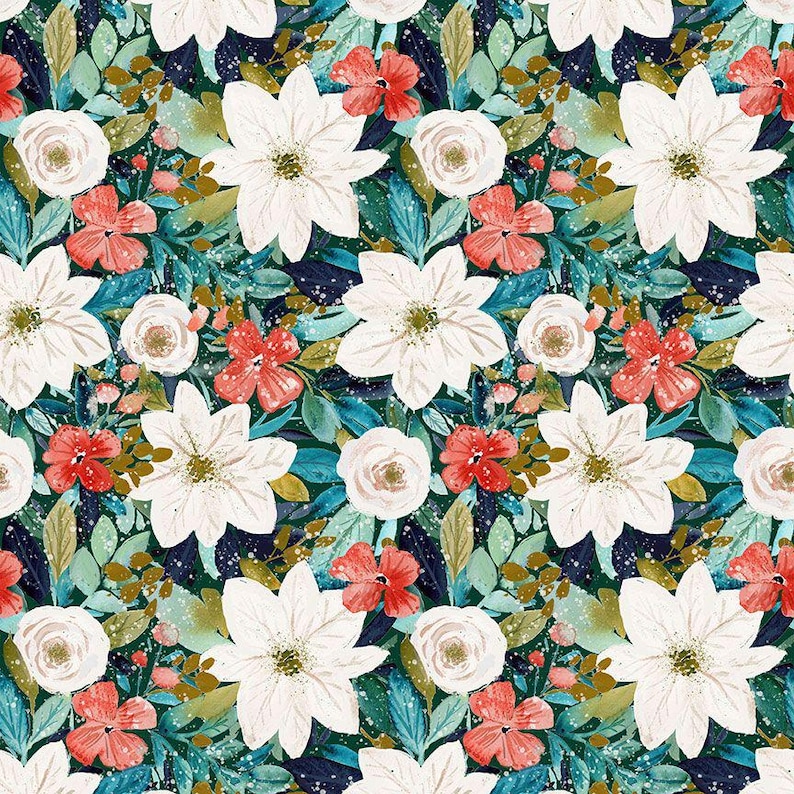 May include: A floral pattern featuring white poinsettias, red flowers, and white roses against a dark teal background. The design includes teal and green leaves with gold accents, creating a vibrant and detailed botanical illustration.