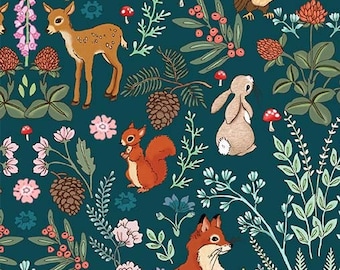 Forest animals fabric, Forest adventure--Midnight Forest by Michael Miller, foxes, deer, rabbits on floral background, 100% cotton