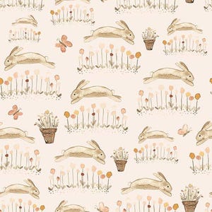 Hopping Bunnies -- You are my Sunshine, Henry Glass -- bunny nursery fabric, neutral baby quilt fabric, bunnies and flowers, 100% cotton BTY
