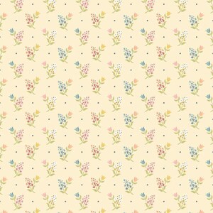 May include: A seamless pattern featuring a repeating design of small floral bouquets in shades of pink, blue, yellow, and green on a light yellow background. The bouquets are interspersed with small black dots.