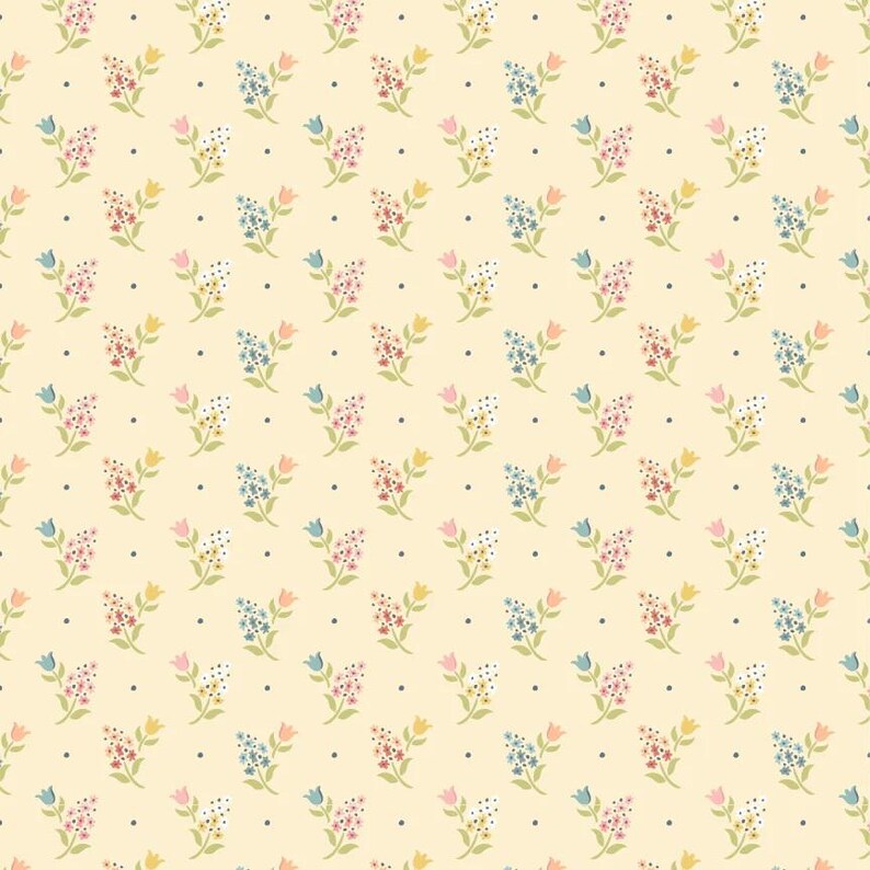 May include: A seamless pattern featuring a repeating design of small floral bouquets in shades of pink, blue, yellow, and green on a light yellow background. The bouquets are interspersed with small black dots.