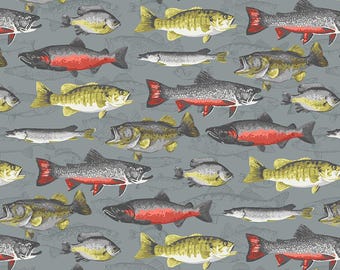 River Rythms, Studio E Fabrics -- Freshwater Fish -- fishing quilt fabric, outdoors fabric, river fabric, 100% quilt cotton BTY