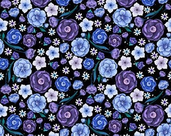 Jardin De Lune Glow, Blank Quilting -- Small floral -- glow in the dark, midnight floral fabric, 100% quilt cotton by the yard