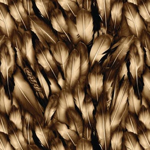 May include: A close-up image of a pattern of brown feathers. The feathers are arranged in a random pattern, creating a textured background.