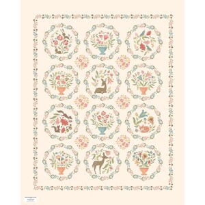May include: A cream-colored fabric with a repeating pattern of floral wreaths. Each wreath contains a different image, including a deer, a squirrel, and a bird. The fabric has a light blue border with a repeating pattern of small flowers.