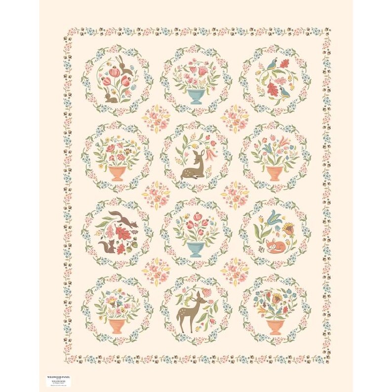 May include: A cream-colored fabric with a repeating pattern of floral wreaths. Each wreath contains a different image, including a deer, a squirrel, and a bird. The fabric has a light blue border with a repeating pattern of small flowers.